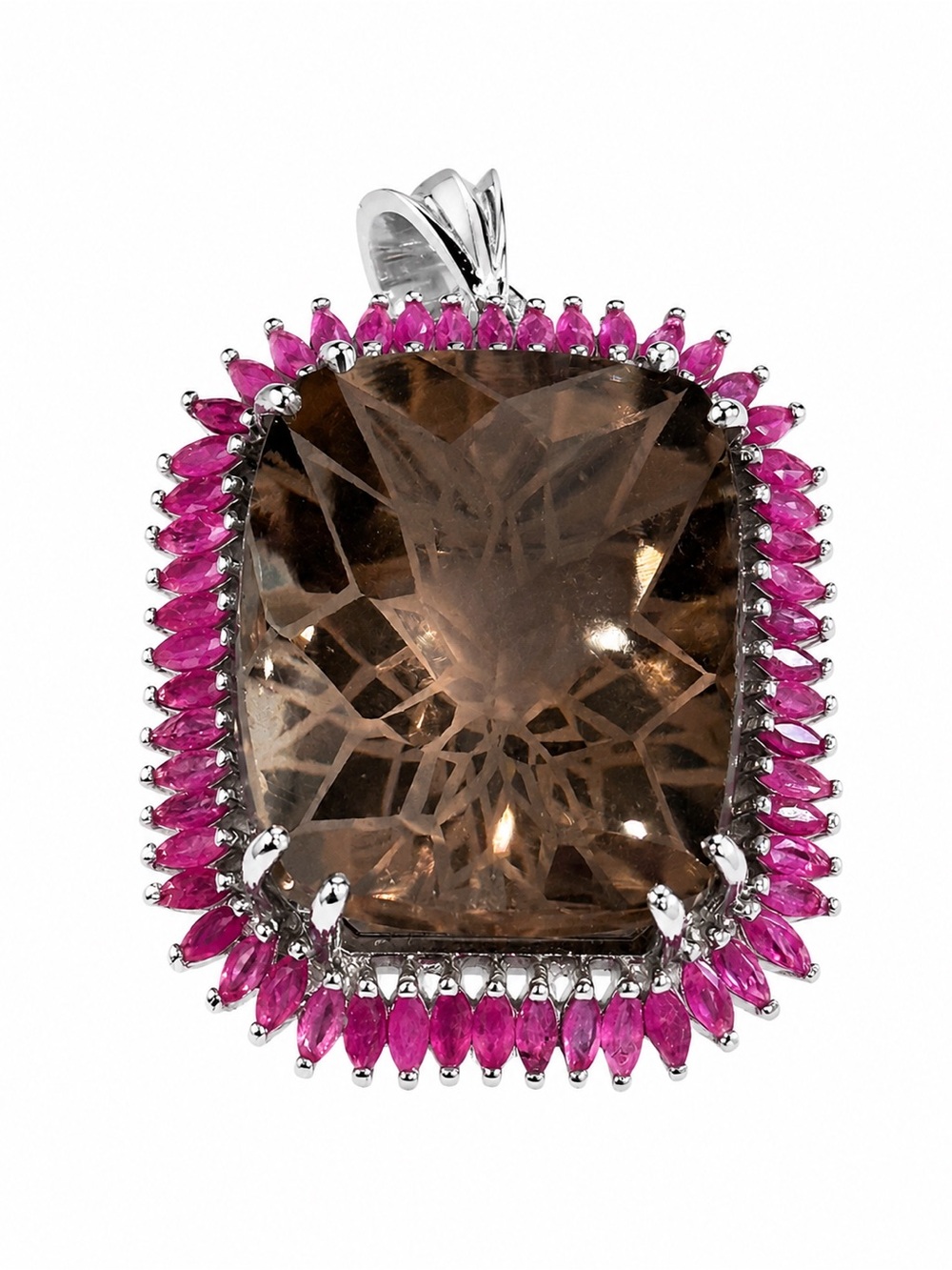 Sterling Silver Carved Smoky Quartz And Ruby Pendant New